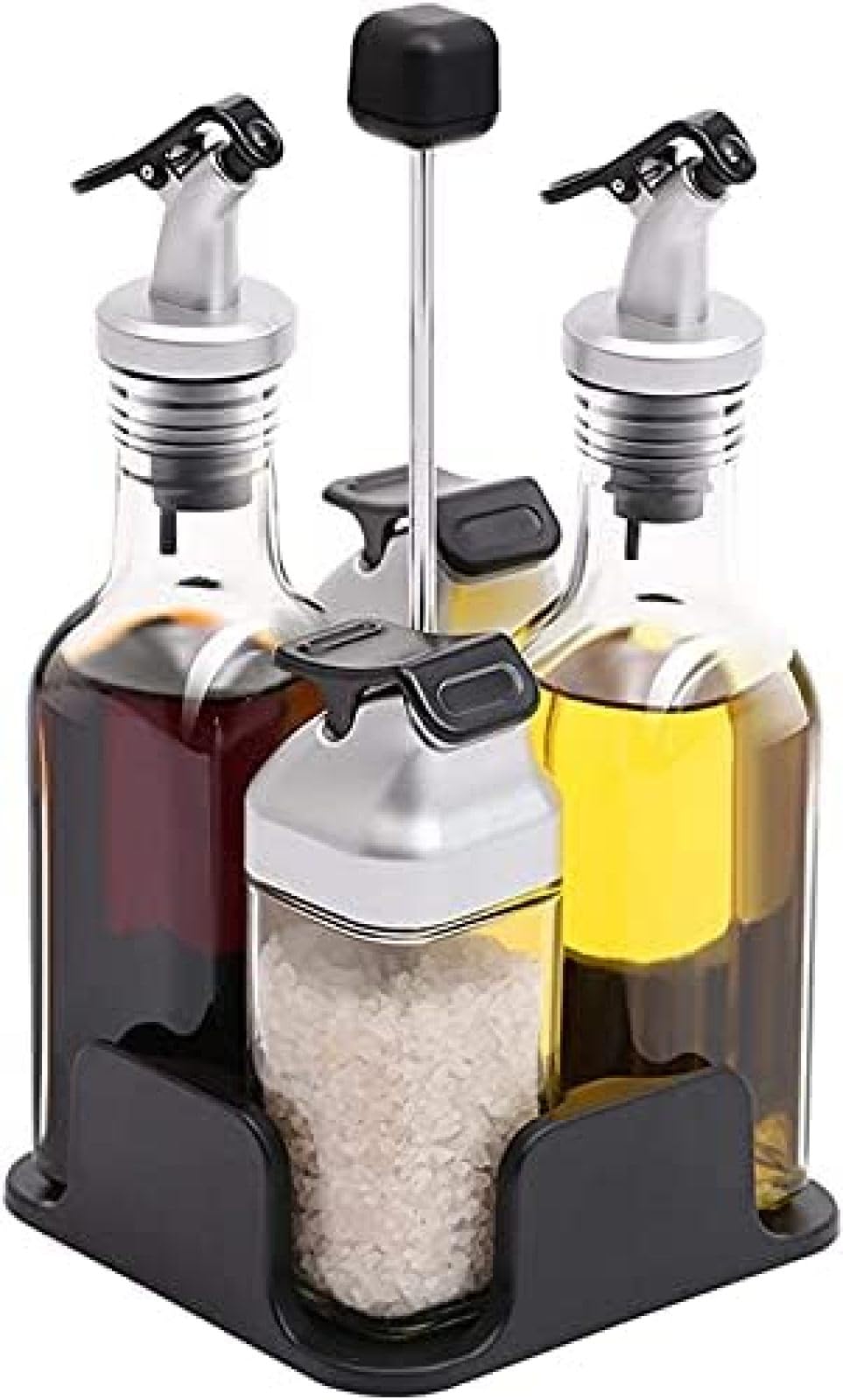 Juego De Dispensador De Aceite Y Vinagre De Sal Y Pimienta, Botella De Condimento Visible De Vidrio De 5 Piezas con Bandeja De Almacenamiento, Diseño De Tapa Giratoria,Bonny369