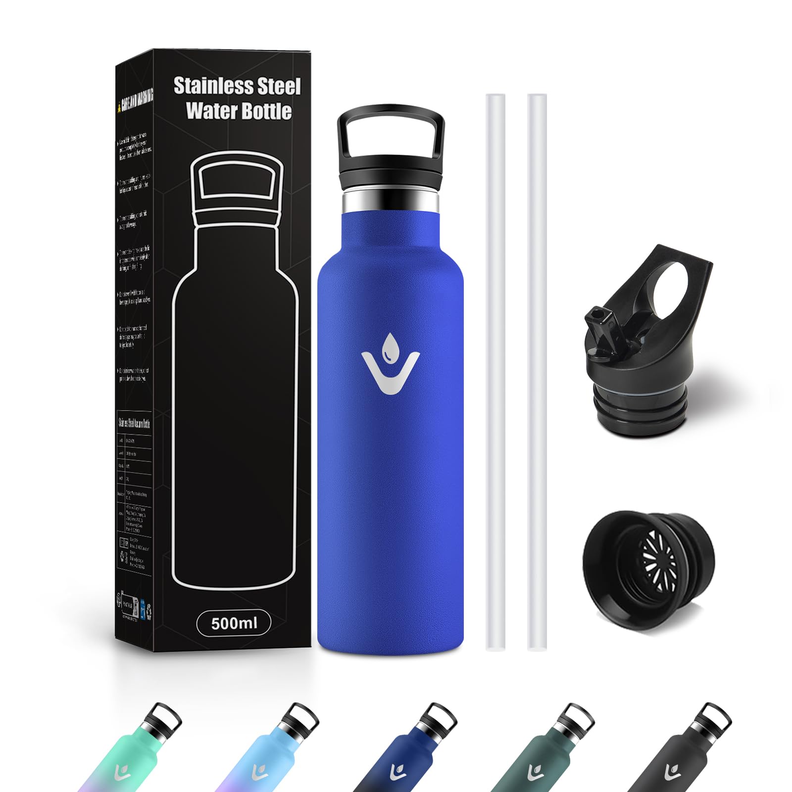 Borraccia Acciaio Inox 500ml, Bottiglia Acqua con Cannuccia, Riutilizzabile, senza BPA, a prova di perdite, Termos per Scuola, Campeggio