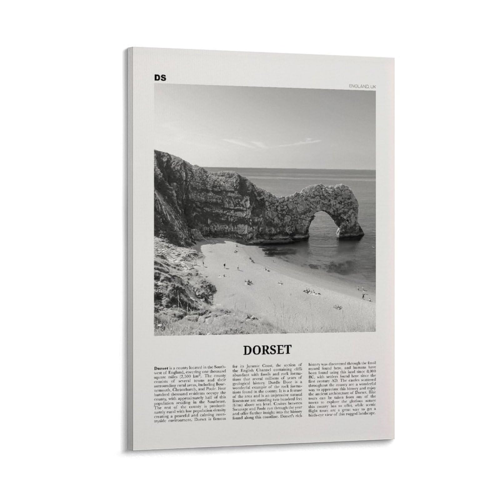 LZTEN Dorset Print Black and White Wall Art, Poster, Photo, Map - England, UK Canvas Framed 12x1