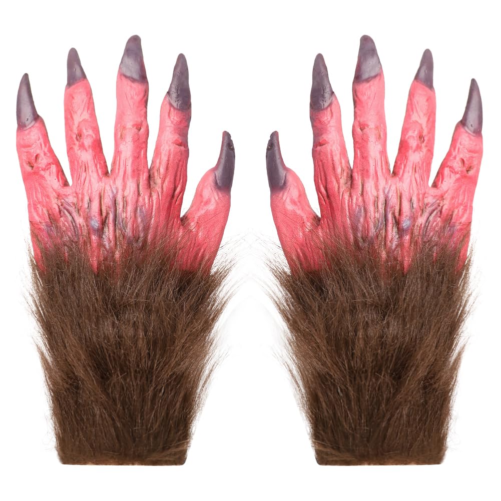 Xinchia Unisex Red Halloween Werewolf Gloves Animal Furry Claw Paw Gloves Hairy Hands Wolf Bear Paw Gloves Creepy Fancy Dress Party Hands Gloves With Long Nails Scary Halloween Cosplay Party Costume Dress Up Props