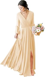 Long Sleeve Bridesmaid Dresses for Wedding Pleated Chiffon V Neck Formal Dress with Slit