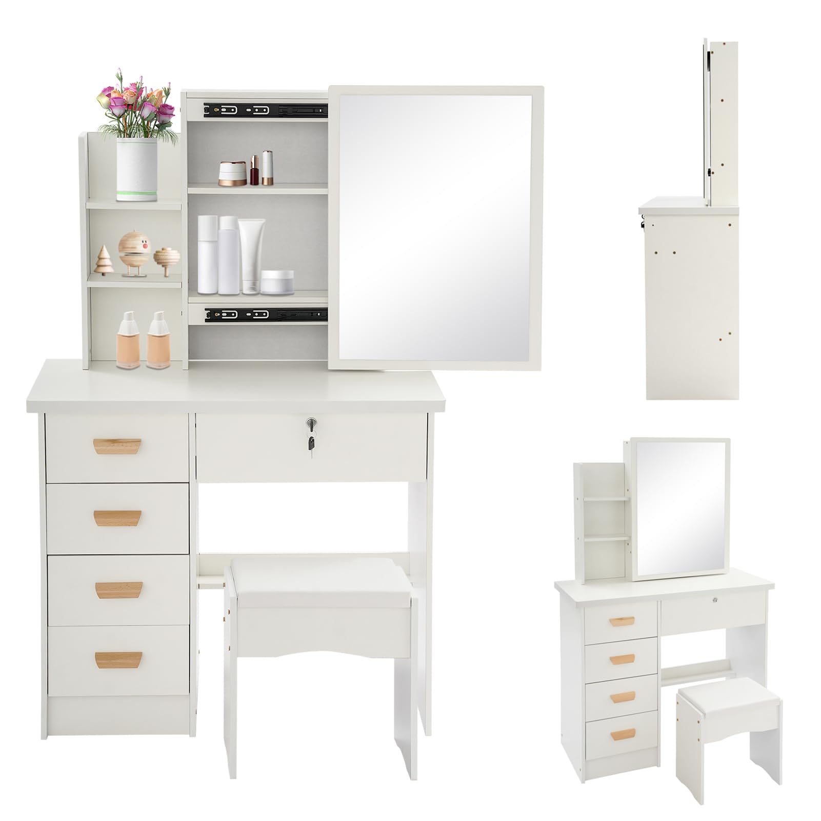 Tocador con espejo, mesa de maquillaje 5 cajones, 80 × 35 × 128 cm, con taburete, hasta 100 kg, blanco | moderno | con cerradura