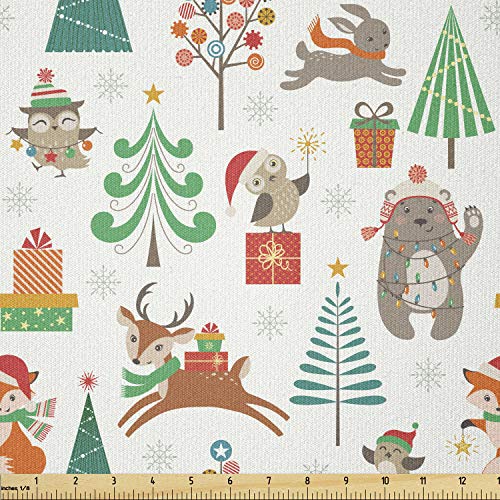 Image of Ambesonne Christmas Fabric by The Yard, Theme Xmas Cartoon Pattern Bear Deer Owl Birds Tree Snowflakes Image, Stretch Knit Fabric for Clothing Sewing and Arts Crafts, 1 Yard, Red Brown