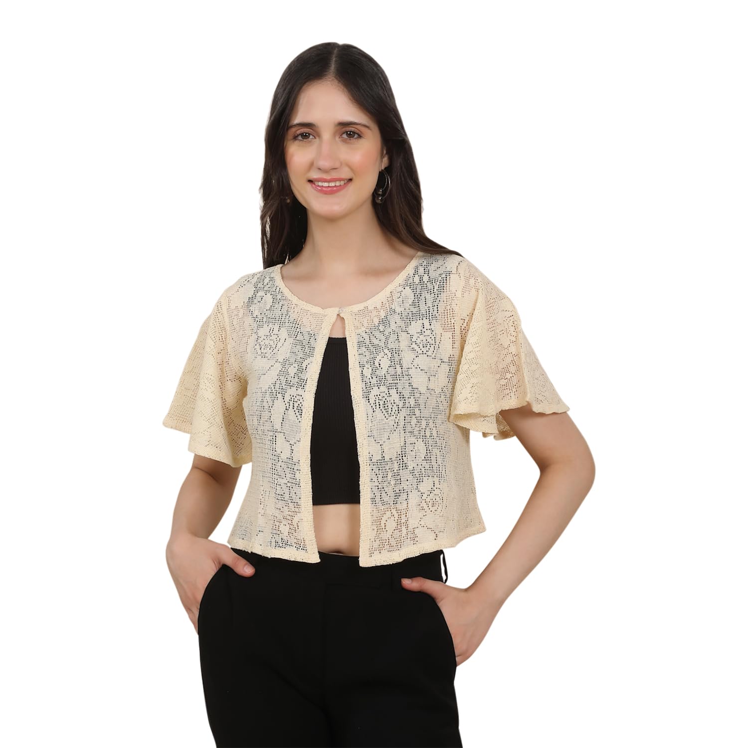 Women's Beige Cotton Blend Crochet Shrug | Open Front Short Cape Shrug | Flared Half Sleeve Casual Layering Jacket for Women-image-1