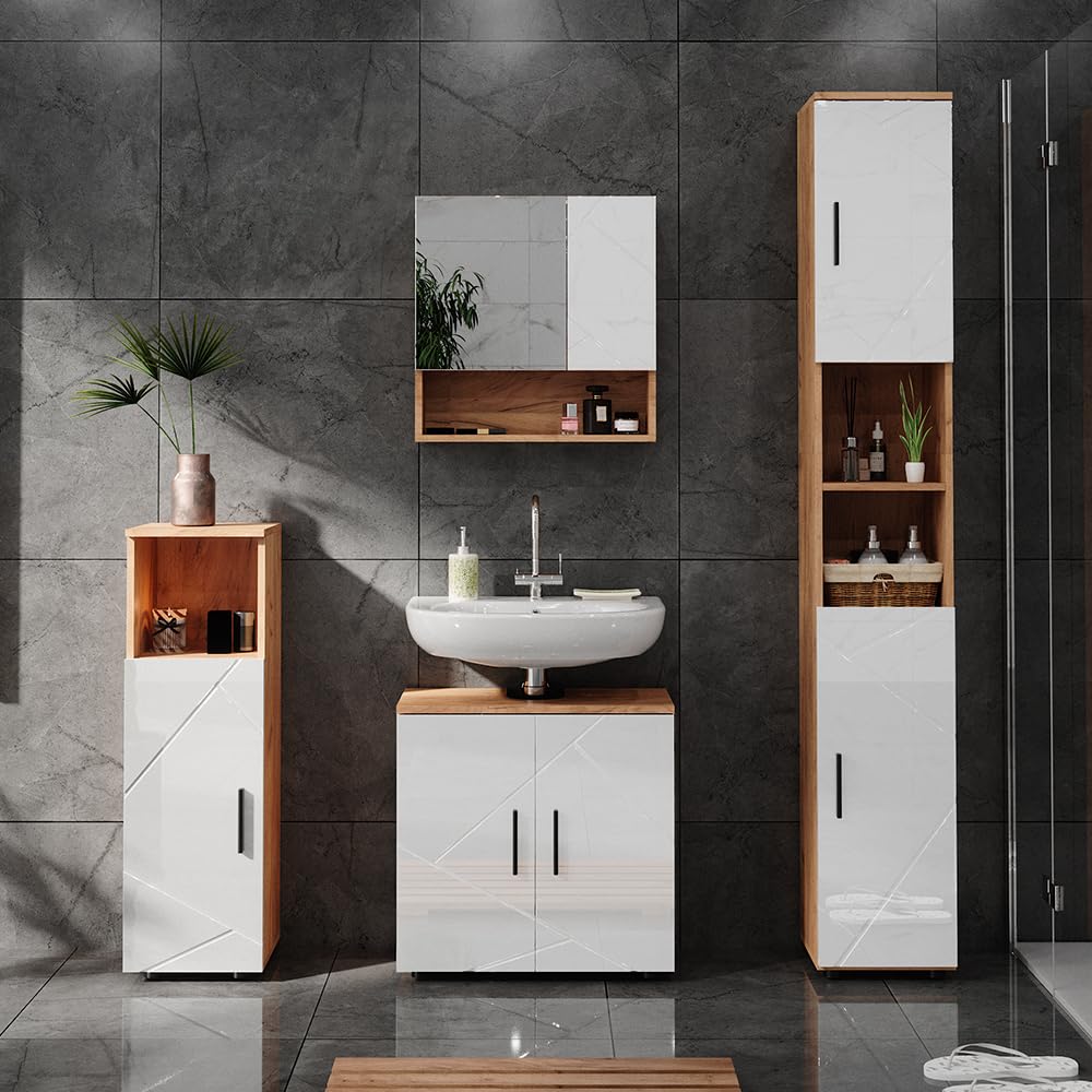 Vicco Badschrank Irma, Weiß Hochglanz/Goldkraft Eiche, 30 x 192 cm mit Türen, und offenen Fächern, zur Aufbewahrung von Badutensilien und kompatibel mit Irma-Serie