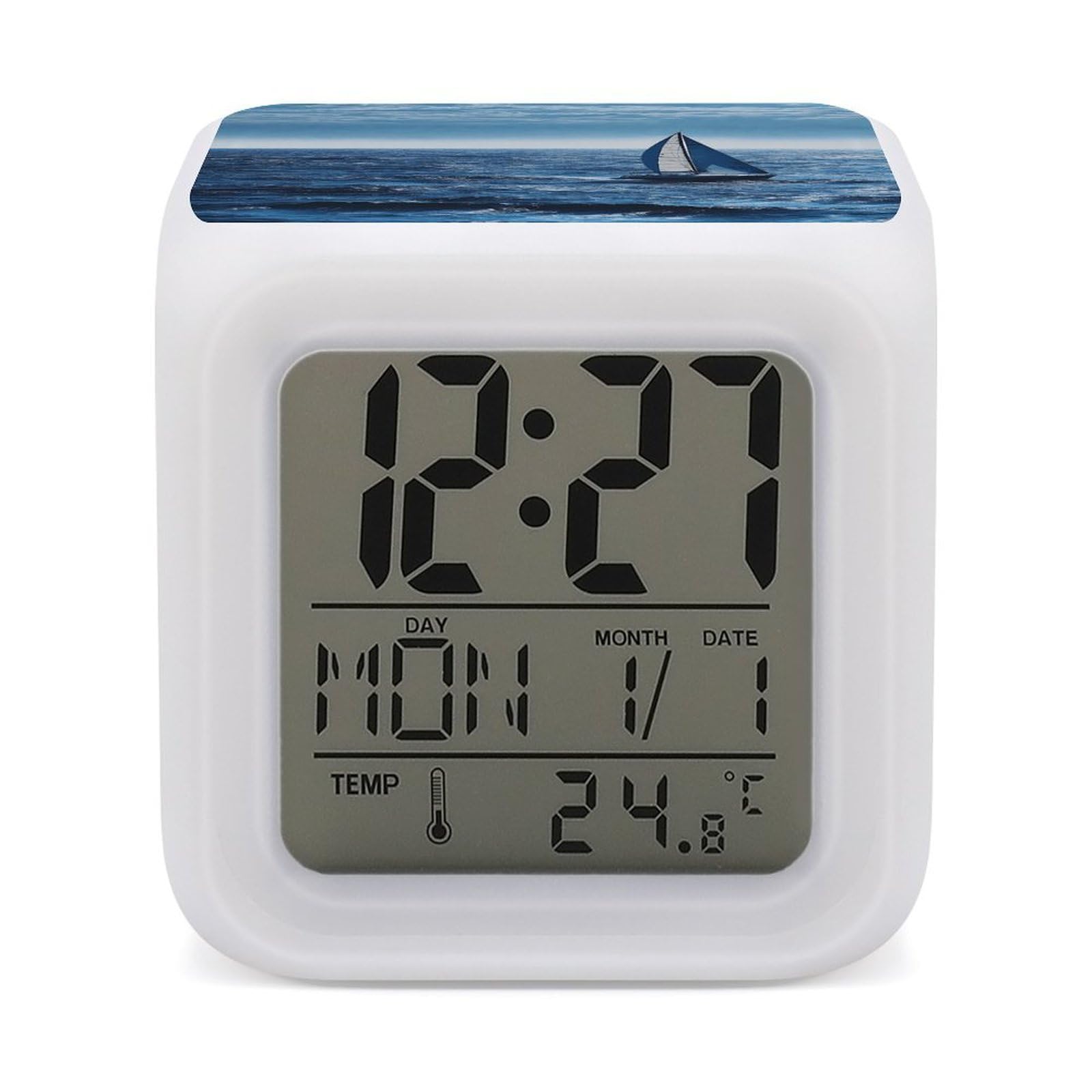 VstaDank Blue Sea Sailboat Alarm Clock Sleep Trainer 7 Color Changing Night Light Modern Touch Bedside Lamp Fashion Digital Clock with Temperature Display Wake Clocks for Loud Alarm