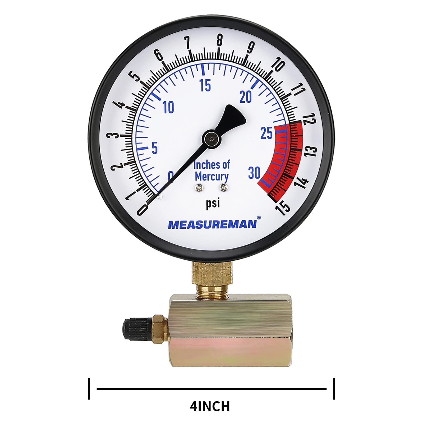 MEASUREMAN Conjunto de medidor de presión de gas de acero de 4 pulgadas, conexión FNPT de 3/4 pulgadas, 0-15 psi/0-30 pulgadas H2O, precisión del 1.6%,