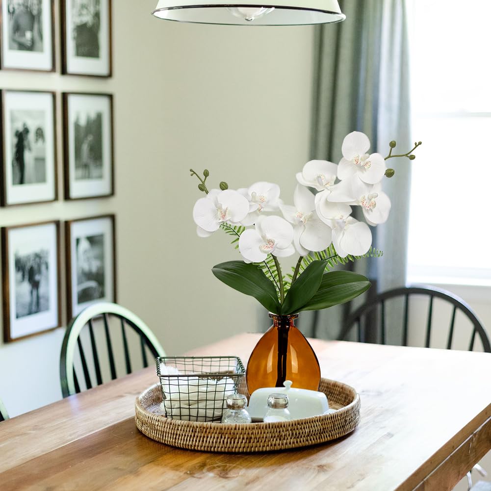 Hollyone Künstliche Orchideen Weiß mit Amber Glasvase, Kunstblumen im Vase mit Real Touch Blüten, Gefälschte Orchideen Künstliche Phalaenopsis Blumen für Wohnzimmer Büro Küche Tisch