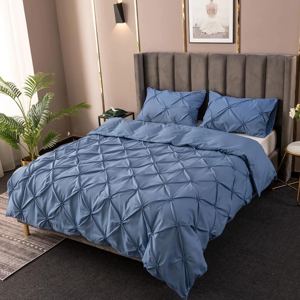 Housse de couette double plissée bleue avec ses deux taies d'oreiller 168x229 cm