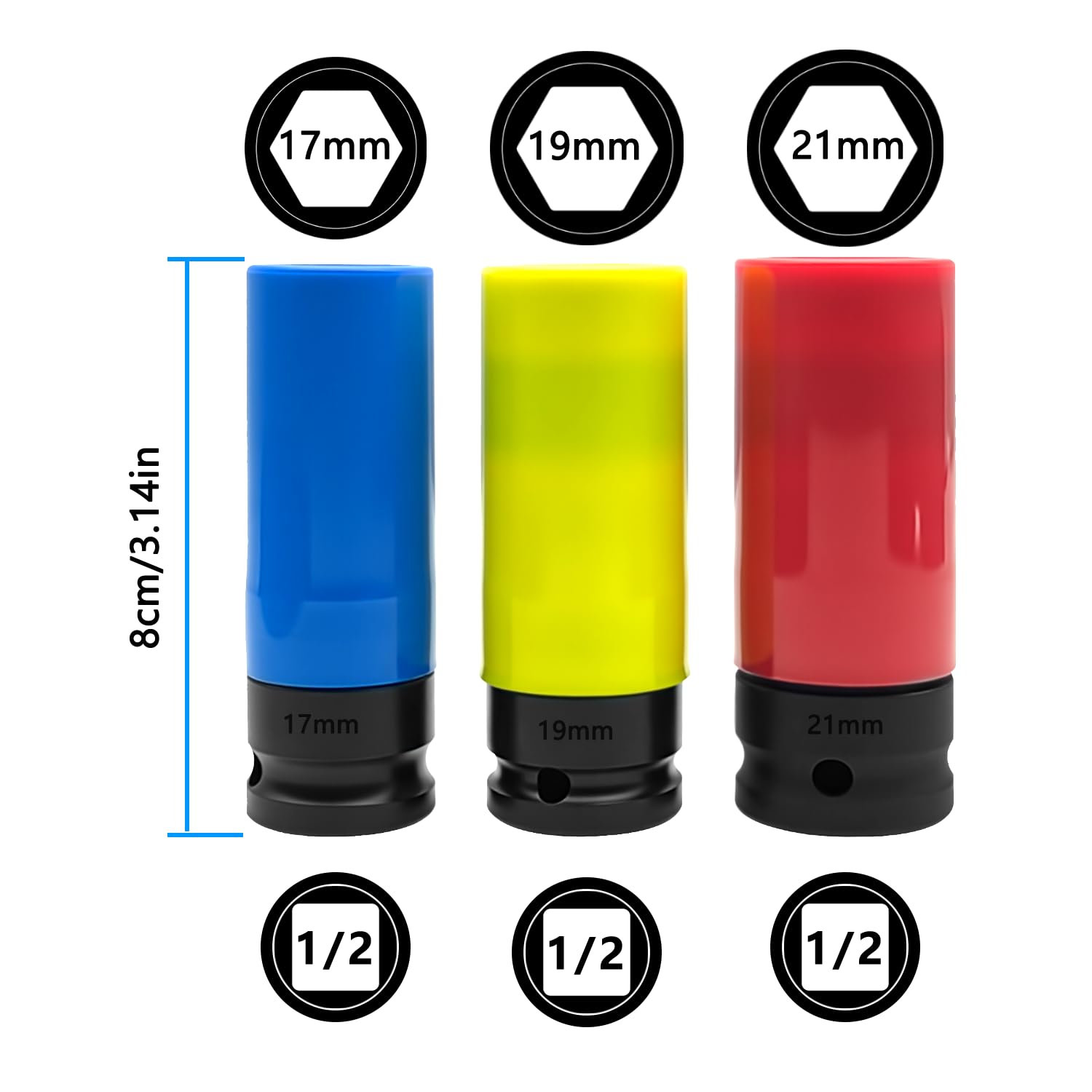 ZKTOOL 3PCS Wheel Protector Impact Socket Set, 1/2 Drive Lug Nut Socket, 17MM 19MM 21MM, CR-MO - Image 3
