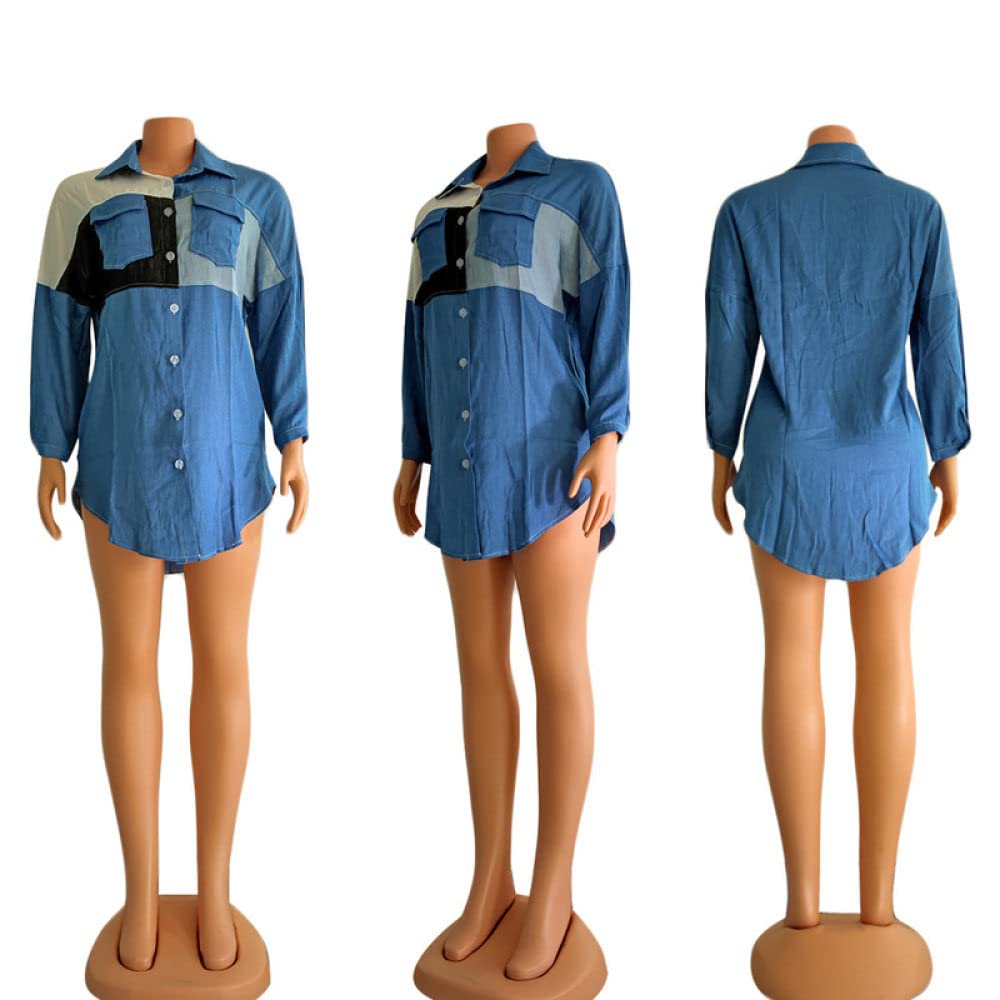 MIDJ Damen-Hemd Mit Knopfleiste,Damenmode Patchwork Asymmetrische Jeansblusen Hemd Langarm Lässige Knopfhemdjacke Blaue Reversblusen Tunika Leichtes Jeans-Sweatshirt Für Mädchen