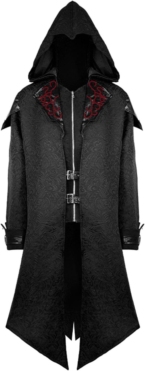 Men's Medieval Tailcoat Jacket Steampunk Vintage Patchwork Hooded Jackets Trench Zipper Coat Gothic Dark Halloween