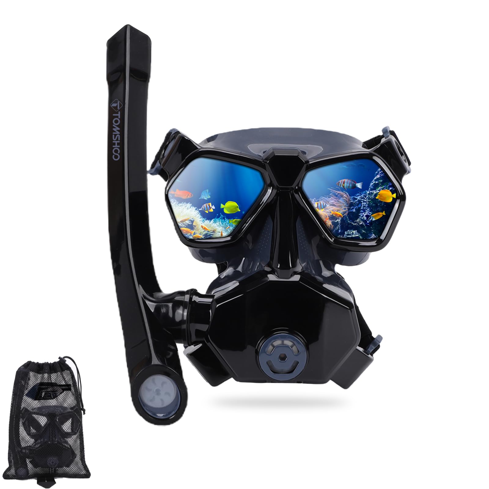 TOMSHOO Snorkel Set Snorkeling Gear for Adults Panoramic Wide View Scuba Diving Mask Anti Fog Tempered Glass Swim Mask Professional Snorkeling Packages (Black Blue)