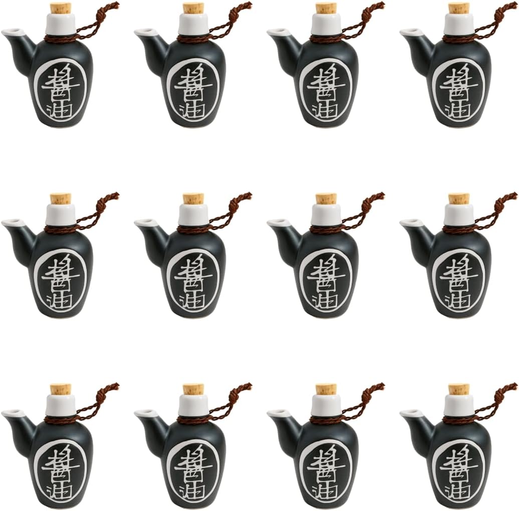 JapanBargain, Porcelain Soy Sauce Dispenser Bottle, Traditional Japanese Pottery Shoyu Bottle Pot, Made in Japan, Black, 12-Bottles