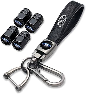 Car Wheel Tire Valve Stem Caps with Genuine Leather Keychain Replacement for Ford Fusion F150 F250 F350 F450 F550 Edge Explorer Mustang F151 Car Logo Keychains car Accessories