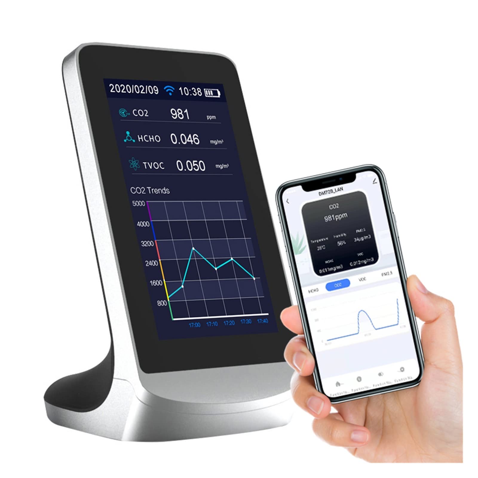 Rilevatore Gas, DM72B Misuratore di monitoraggio della qualità dell'Aria Sensore Trasmissione Dati a TUYA App Rivelatore in Tempo Reale PM2.5 Formaldeide CO2 Gas per Lavoro, Casa