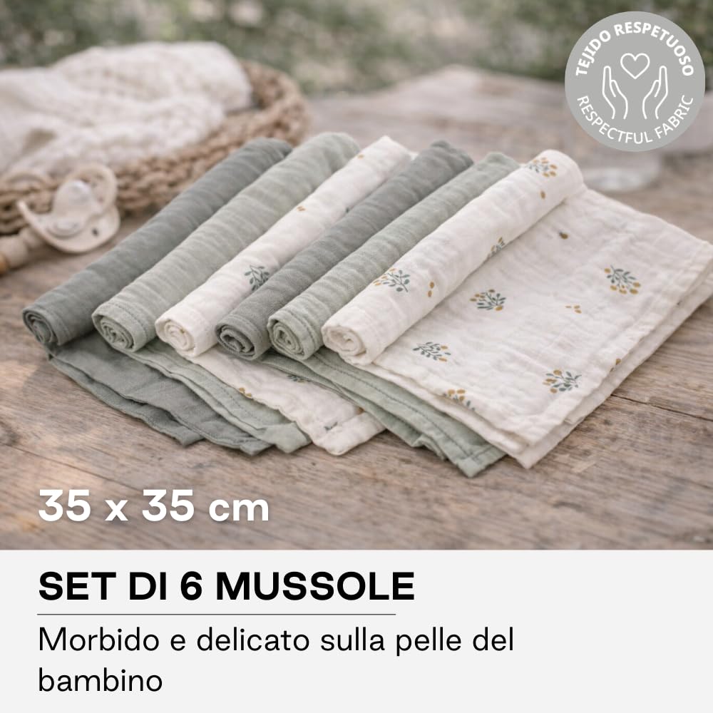 Jané Set 6 Mussole Neonato 35x35 cm Cotone e Bambù Naturale Verde