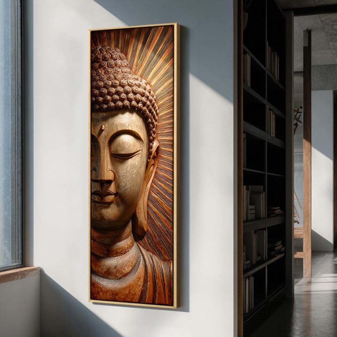 XINBAO Dark Buddha Prints Canvas, Vertical Minimalist Zen Decor, Spiritual Buddha Portrait, Hindu Painting, Buddhist Wall Art(65x195cm/Inner Frame)