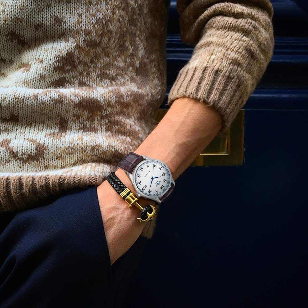 Image secondaire de Gute Classic Winner Montre mécanique pour homme avec cadran blanc et aiguilles bleues - Bracelet en polyuréthane - Remontage aut