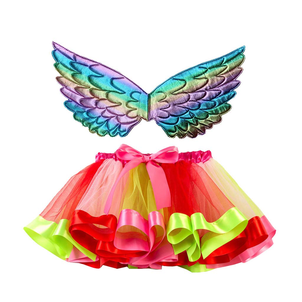 Girls Layered Tutu Skirt Toddler Tulle Skirts Dance Ballet Dress with Wing Set Carnival Halloween (Red, 5-8 Years)