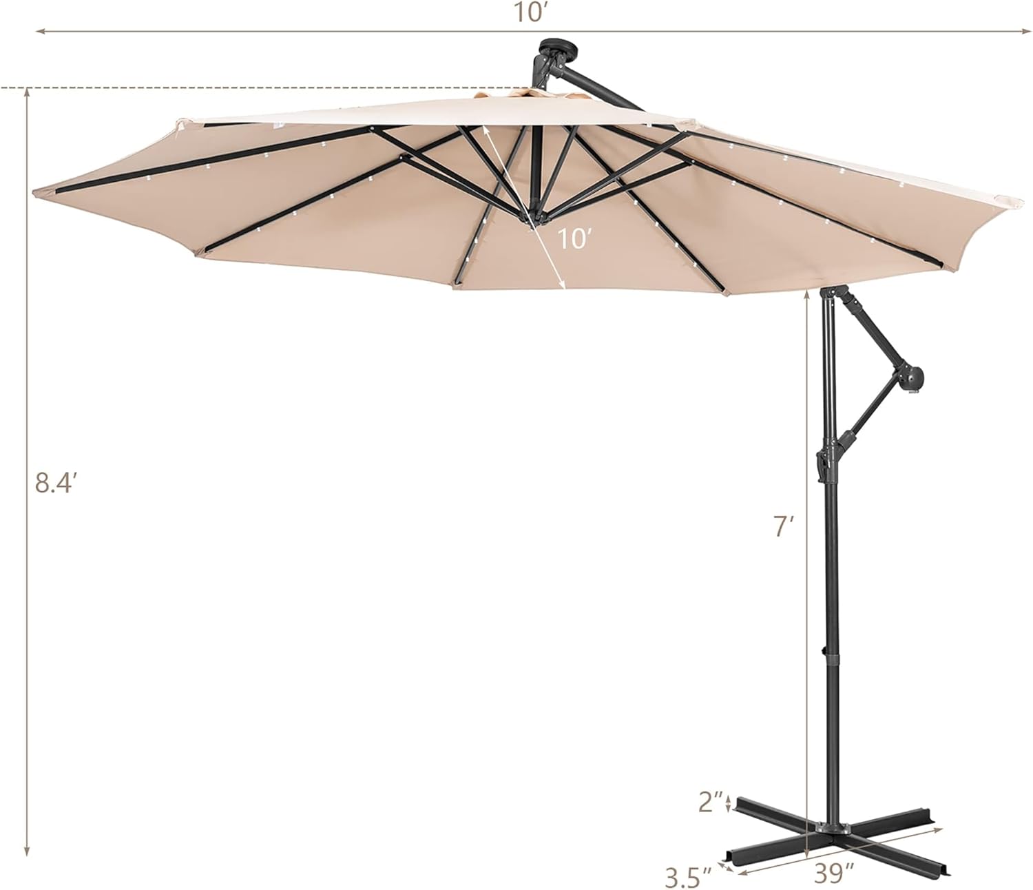 Diagram showing the dimensions of the 10FT Cantilever Patio Umbrella, including height, canopy width, and base dimensions.