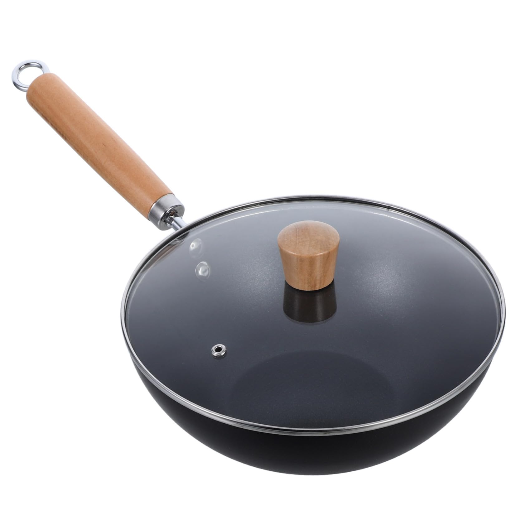 HEALLILY Padella in ferro con coperchio profondo antiaderente Wok design ergonomico manico in legno per cucina cucina comoda conservazione