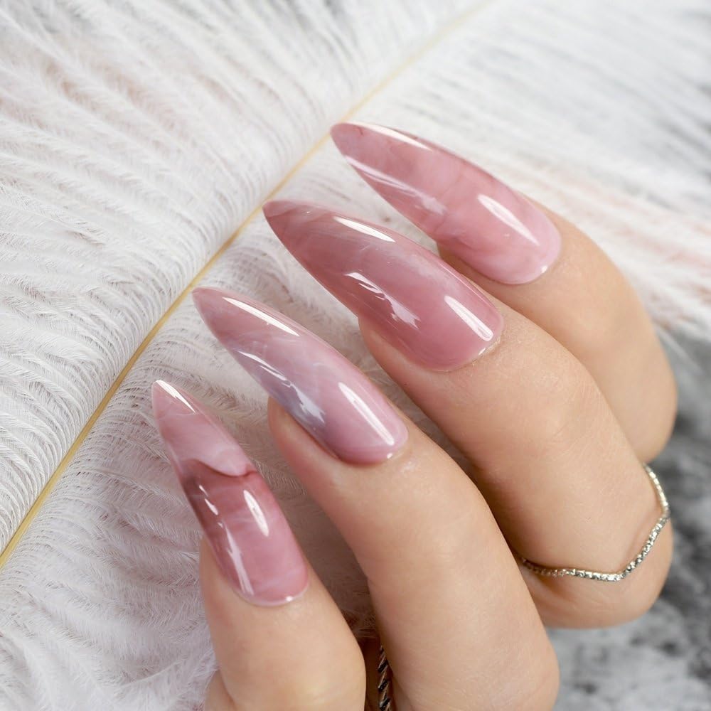 24pcs Marble Pattern Stiletto Nail Tips Dark Pink Extra Long Full Wrap Ladies Nails Finger Patch Makeup False Acrylic Nail Z753
