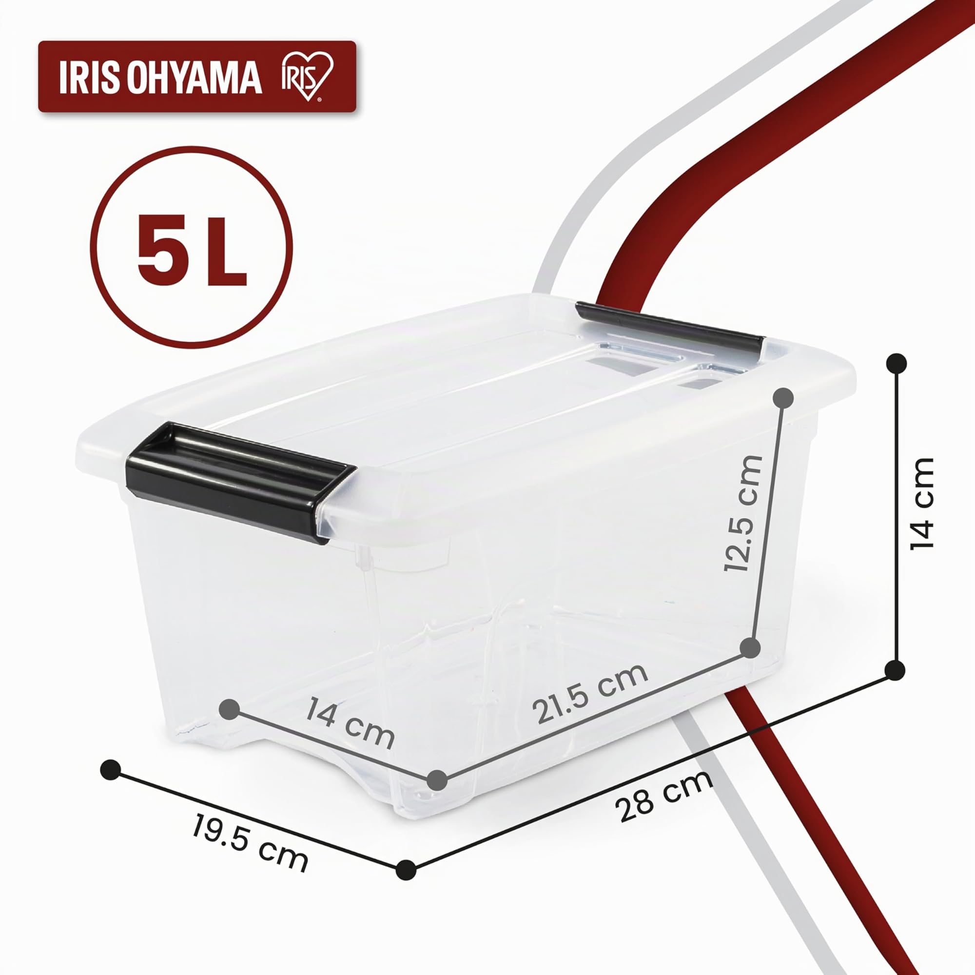 Iris Ohyama Scatole Portaoggetti in con Coperchio, 5L, Lotto di 3, Trasparente, Clip di Bloccaggio, Empilabile, Maniglia, Per Camera, Armadio, Ufficio, Organizzatore, Senza BPA, NTB-5