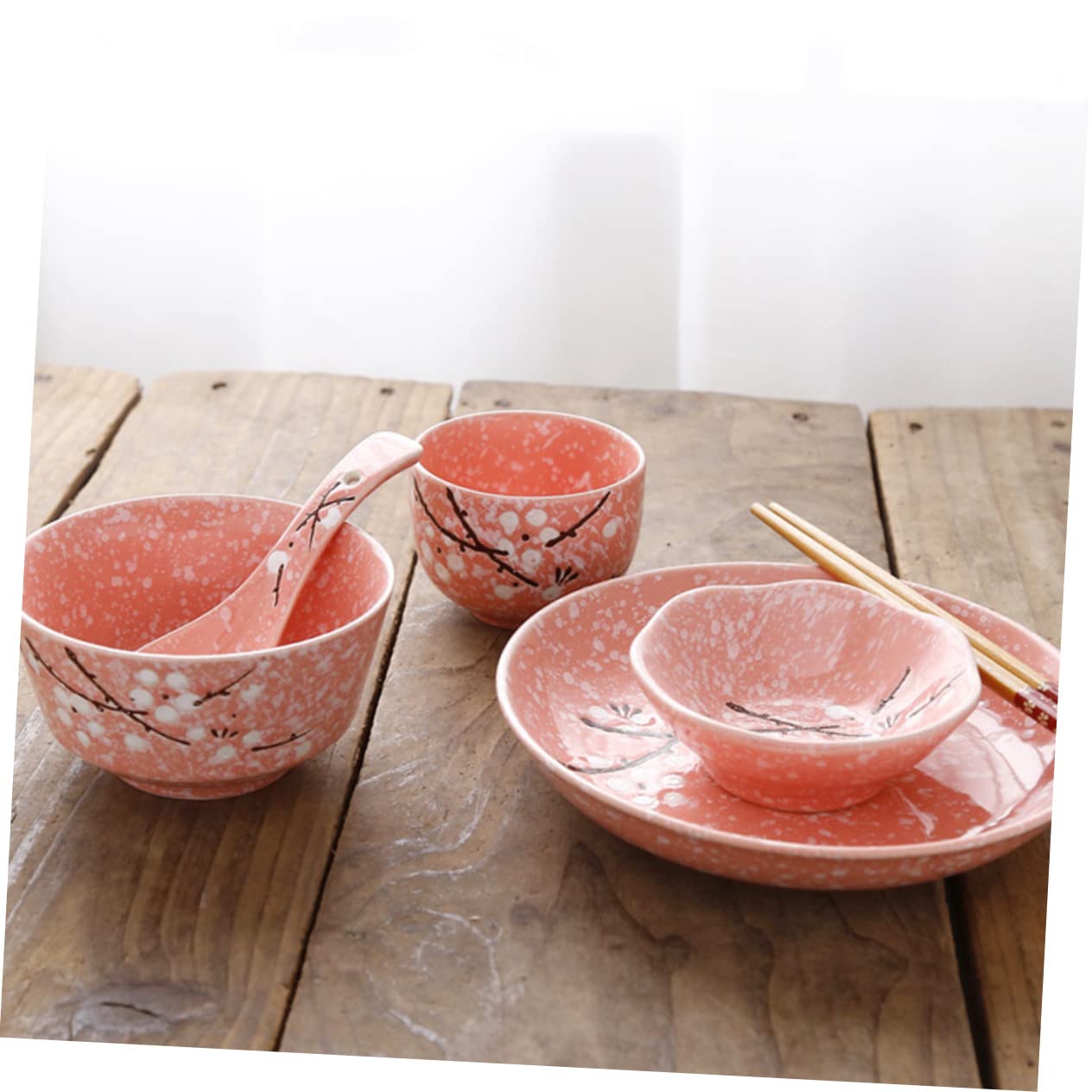MAGICLULU Vajilla Japonesa Completo Rosa Cerámica Para Casa y Restaurante Incluye Cuencos Platos Vasos Cucharas y Palillos Superficie Lisa y Fácil Limpieza