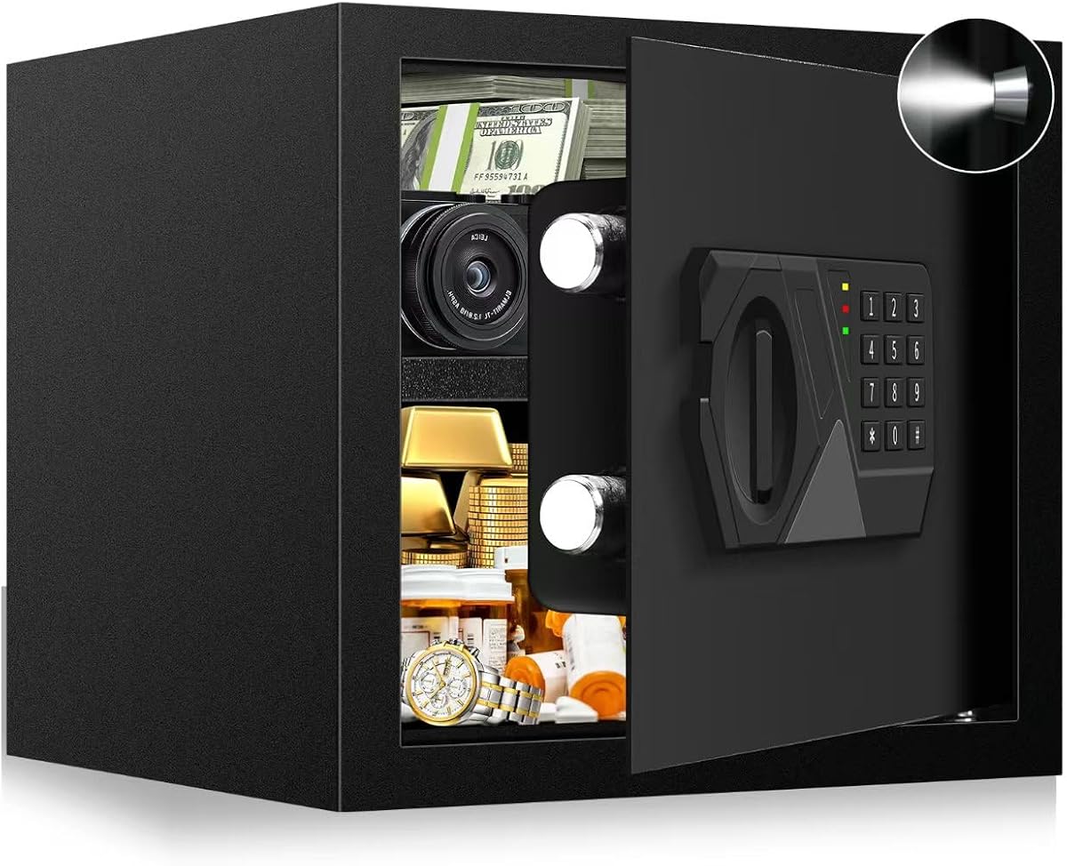 Caja fuerte ignífuga pequeña de 1,6 pies cúbicos, cajas fuertes de seguridad digital para el hogar a prueba de agua e fuego con teclas de teclado electrónico y sistema de alarma, caja fuerte contra incendios para dinero en el hogar, medicamentos de valor