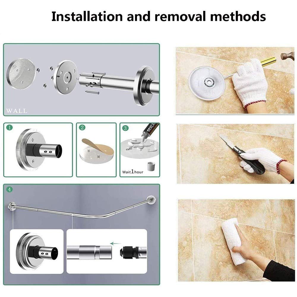 Barre de douche courbée L-SD réglable en acier inoxydable 304 pour salle de bain, installation sans perçage ou sans perçage, extensible de 70 à 95 cm, parfaite pour les magasins de vêtements