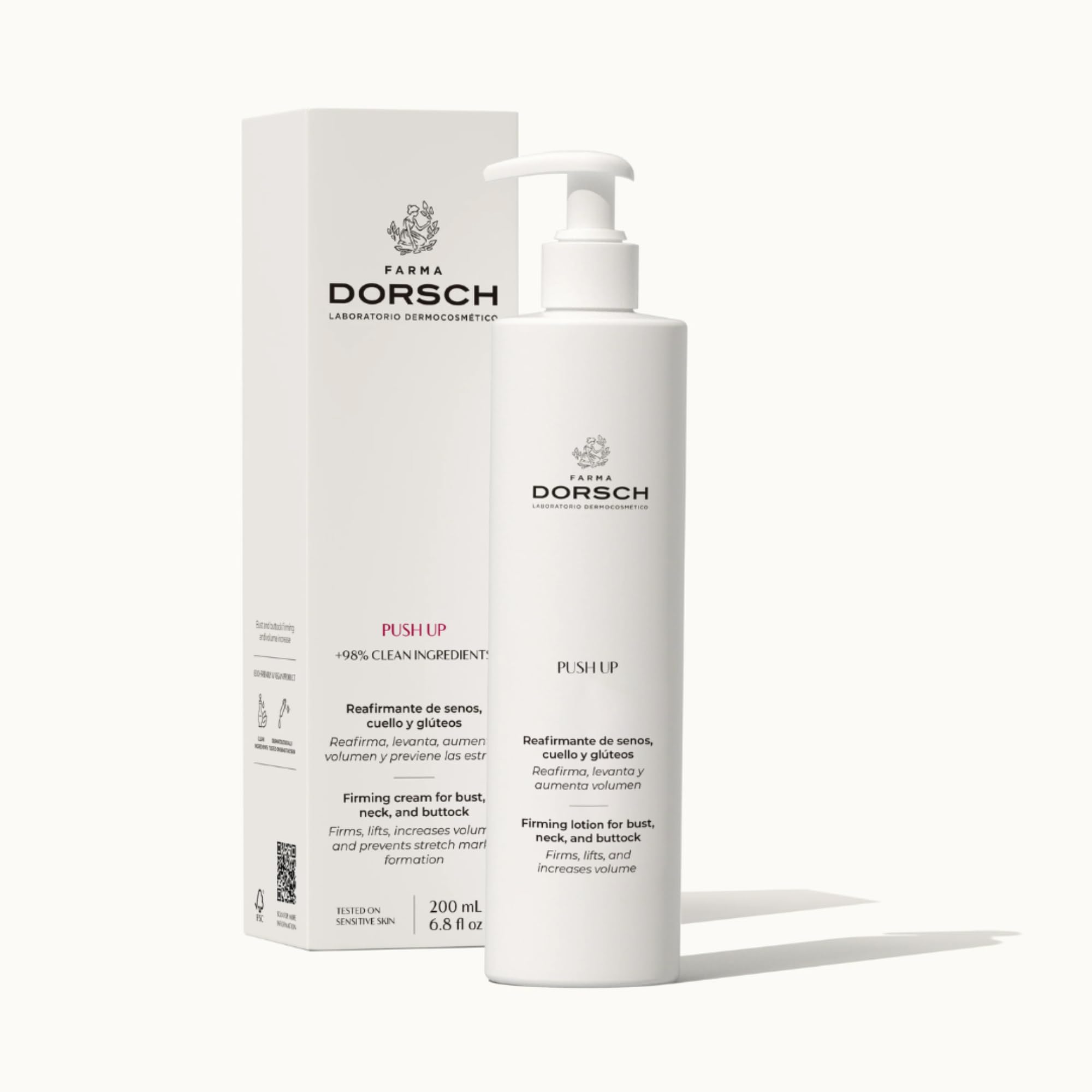FARMA DORSCH - PUSH UP | Crema Reafirmante | Cuello, Escote, Brazos, Piernas, Senos y Glúteos | Tonifica, Aumenta Firmeza y Previene Estrías | Hidratación y Antioxidante | 200 ml