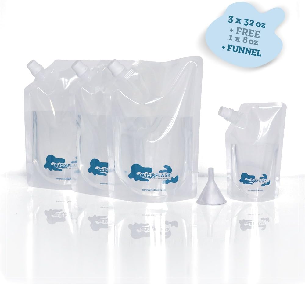 CAMOFLASK Premium Sneak Alcohol Travel Flask Cruise Kit Concealable Plastic Flasks for Liquor to Smuggle Drinks Runner Rum Cocktails Spirits Wine. (8 Piece (3x32oz + 3x16oz + 2x8oz))