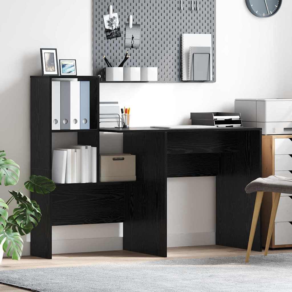 Scrivania nera effetto rovere, 131,5 x 50 x 106,5 cm, materiale in legno opaco, con 3 ripiani, moderna per la casa, ufficio, per studio, durevole, con spazio di archiviazione