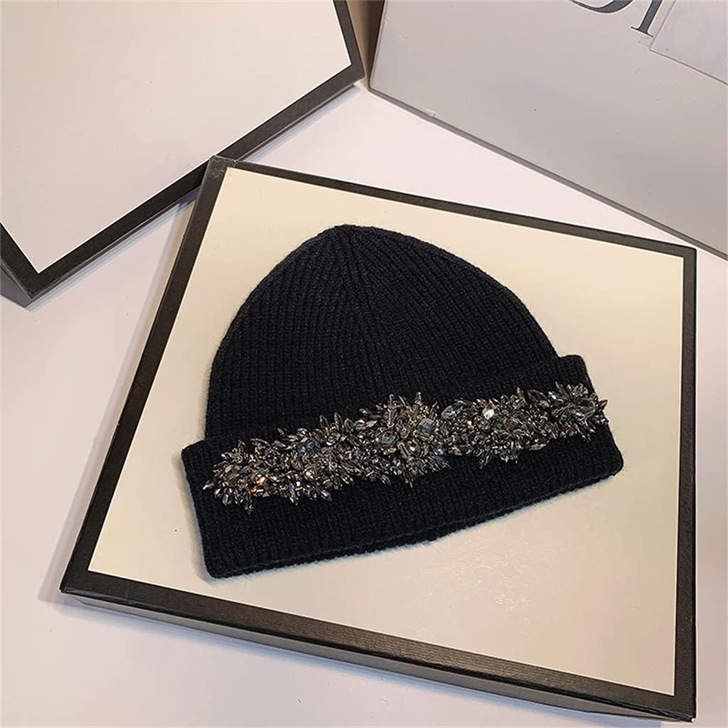 Autumn/Winter Heavy Handmade Rhinestone Knitted Hat Korean Black Woolen Travel Warm Ear Protection Cap