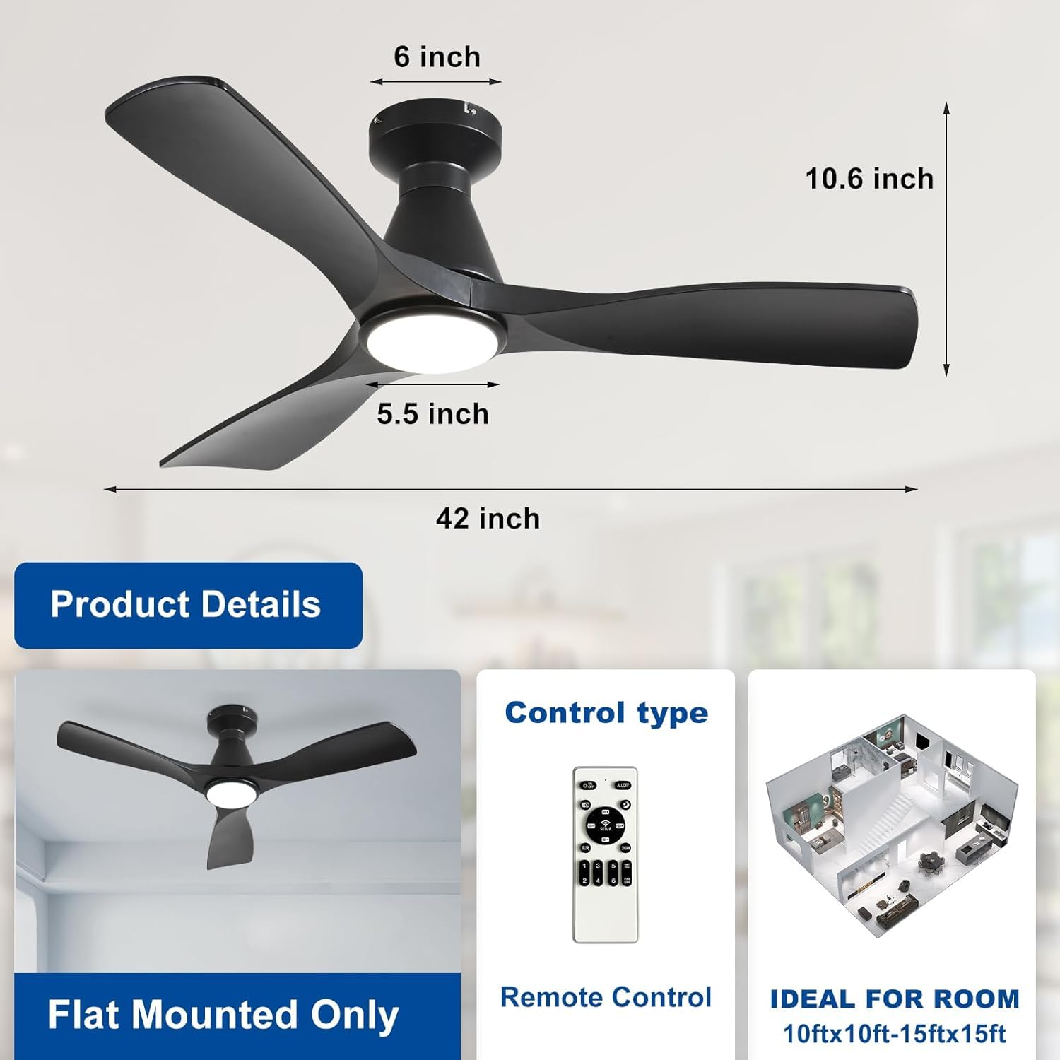 Depuley Ventiladores de techo de 42 pulgadas con luz: Ventilador de techo de perfil bajo con 3 aspas, para empotrar en la cocina - Ventilador para interior y exterior con mando a distancia,Negro