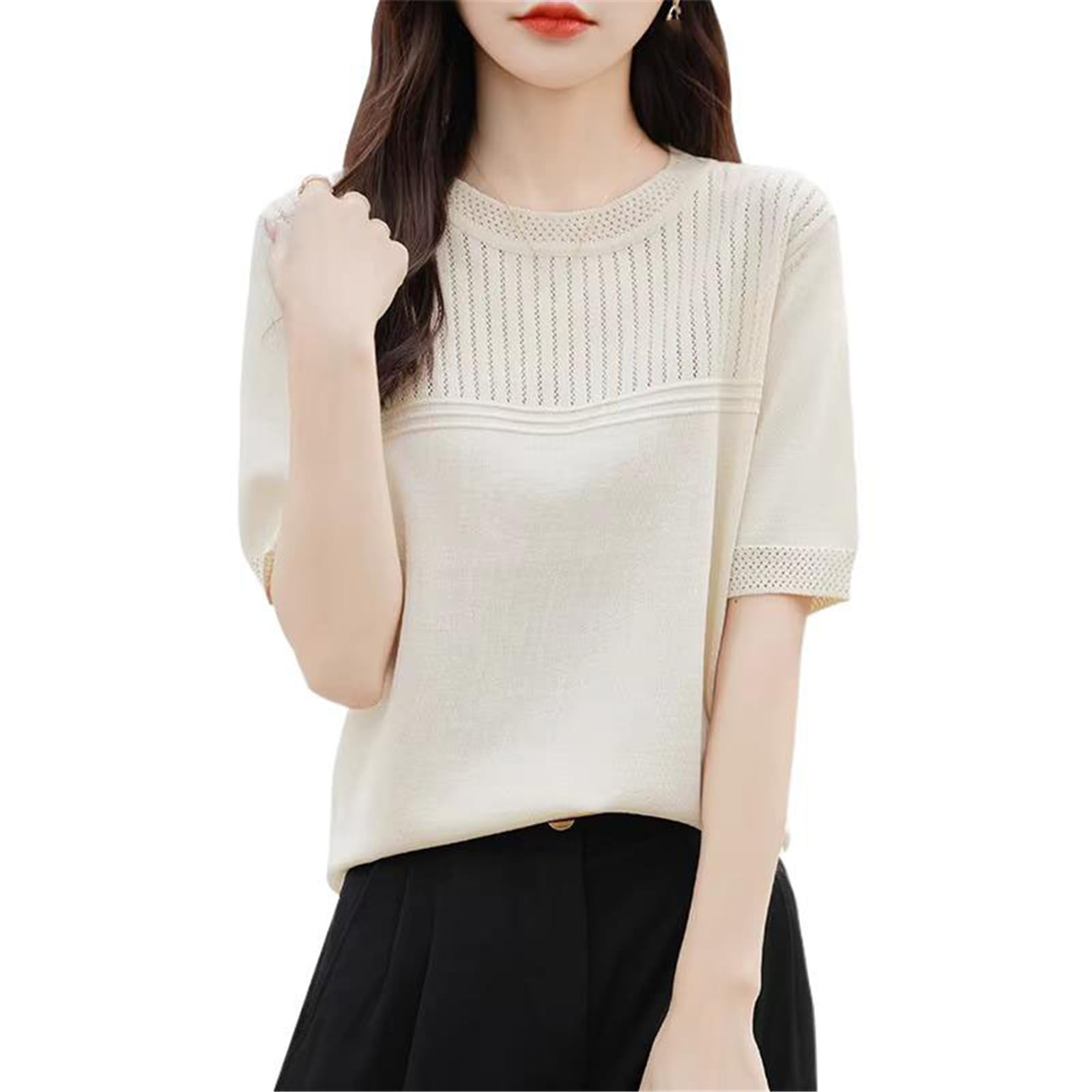Maglia Morbida Donna Traforata, Top a Maniche Corte e Collo Tondo Morbido per Estate