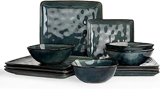 Richmount Ocean Series Stoneware Crockery Set for 4 People, 12-Piece Square Crockery Set, Plate Set, Dishwasher, Microwave, Scratch-Resistant for Dinner Service with Reactive Glaze, Dinnerware, Dark