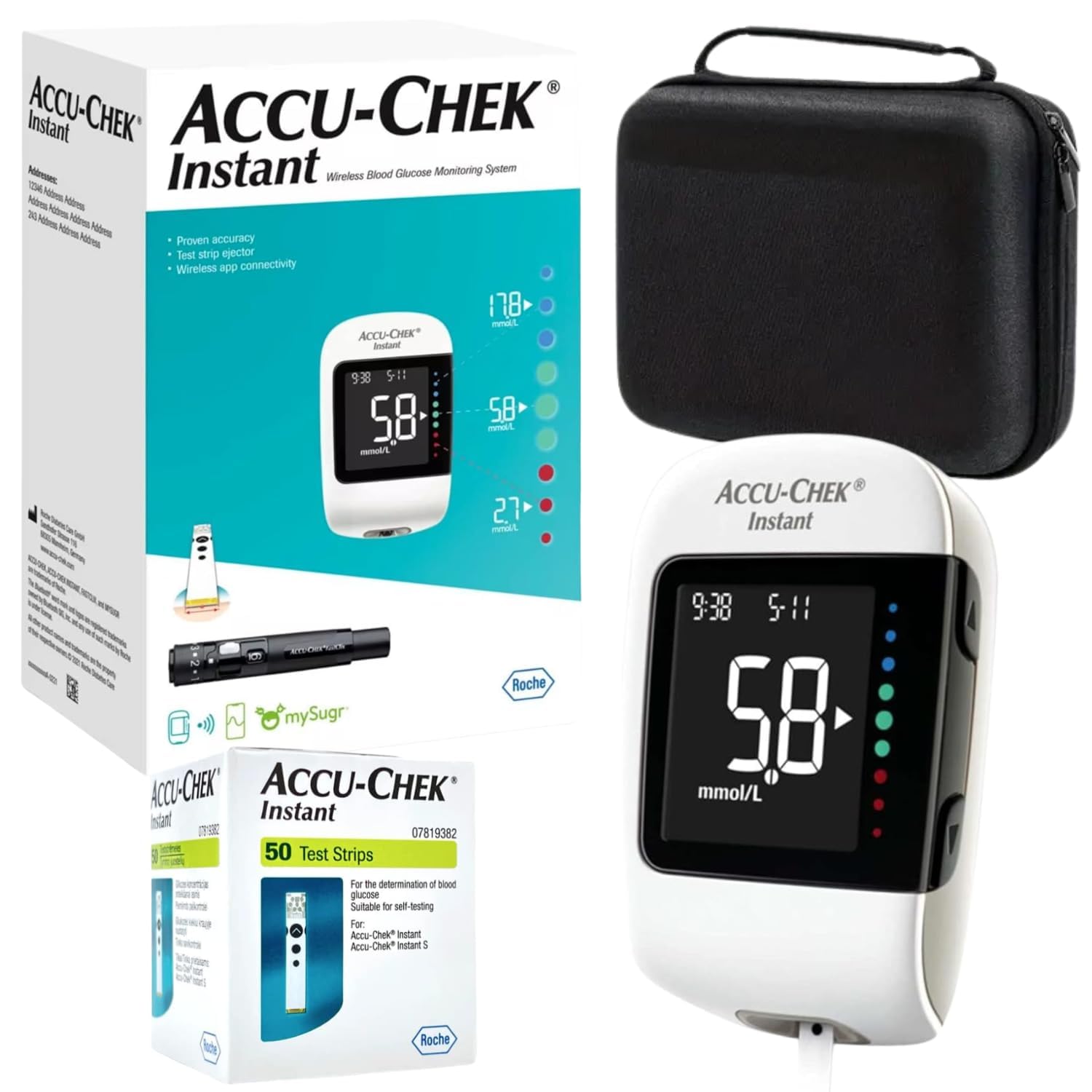 Accu-Chek Instant Monitoring System MMOL/L + Accu Chek Instant Test Strips 50 Pack | Blood Glucose Meter for Diabetes with Portable Insulin Travel Case (GERMAN PACKAGING WITH ENGLISH INSTRUCTIONS)