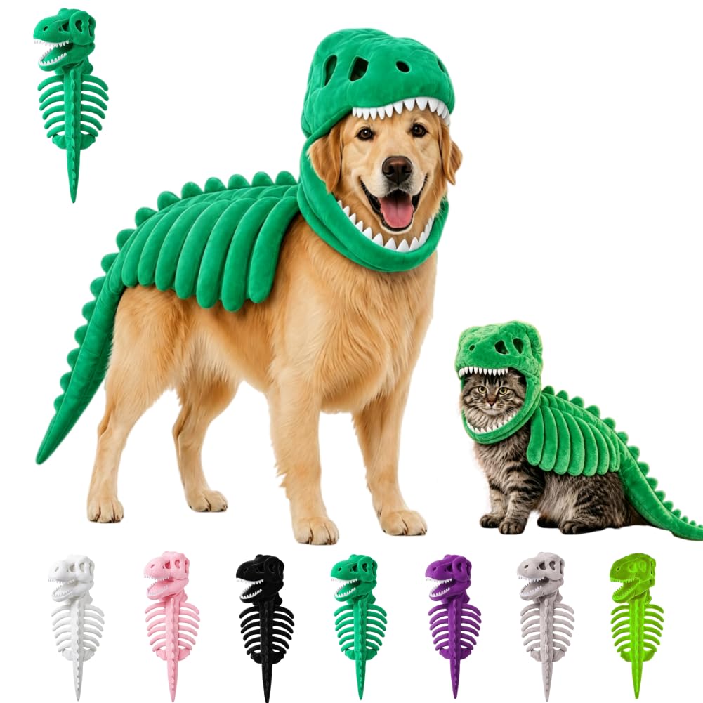 Dinosaur Skeleton Cat dog Costume,3D Skeleton Design (Green, XL(35.43))