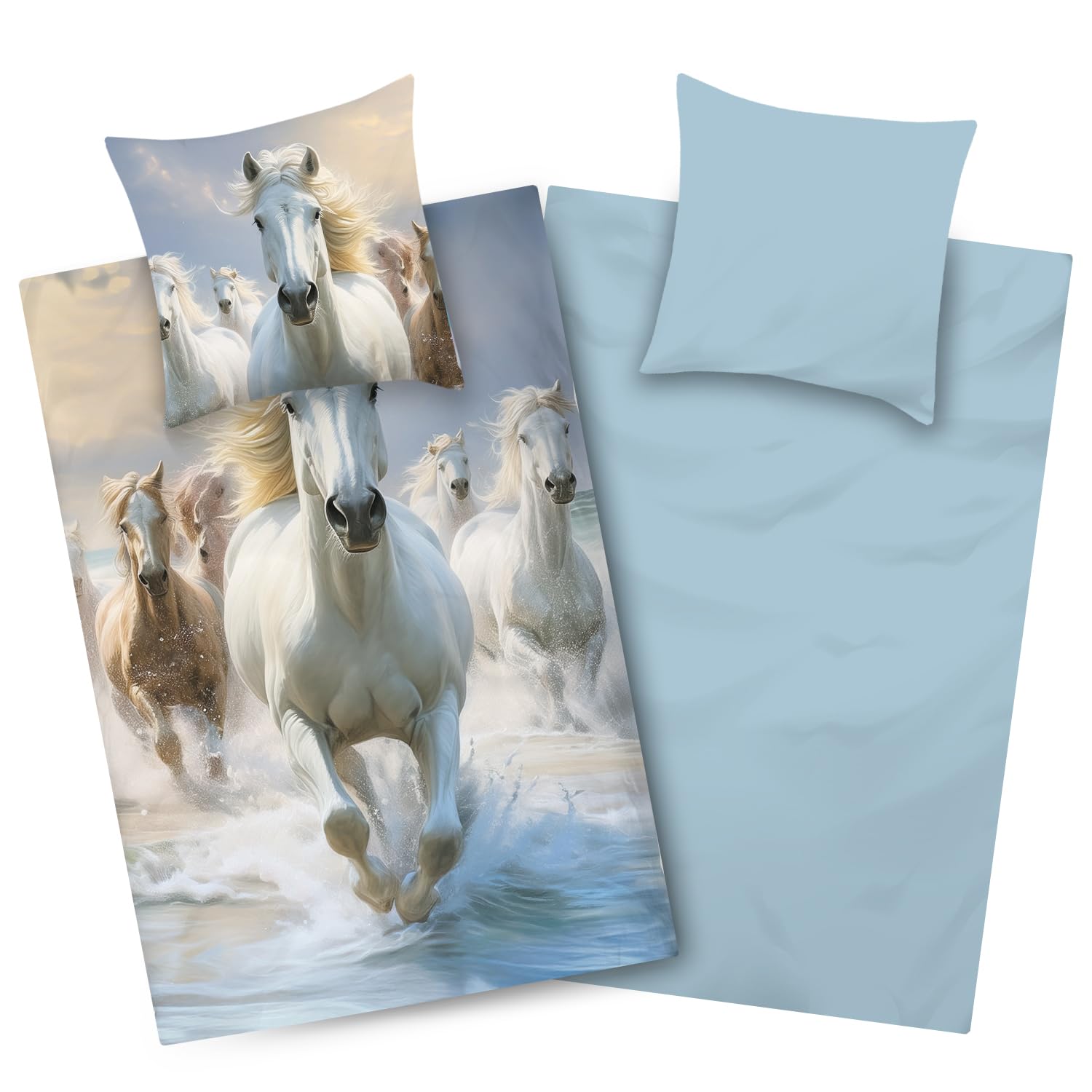 Aminata kids Bettwäsche Mädchen 135x200 Pferd - 100% Baumwolle blau weiß