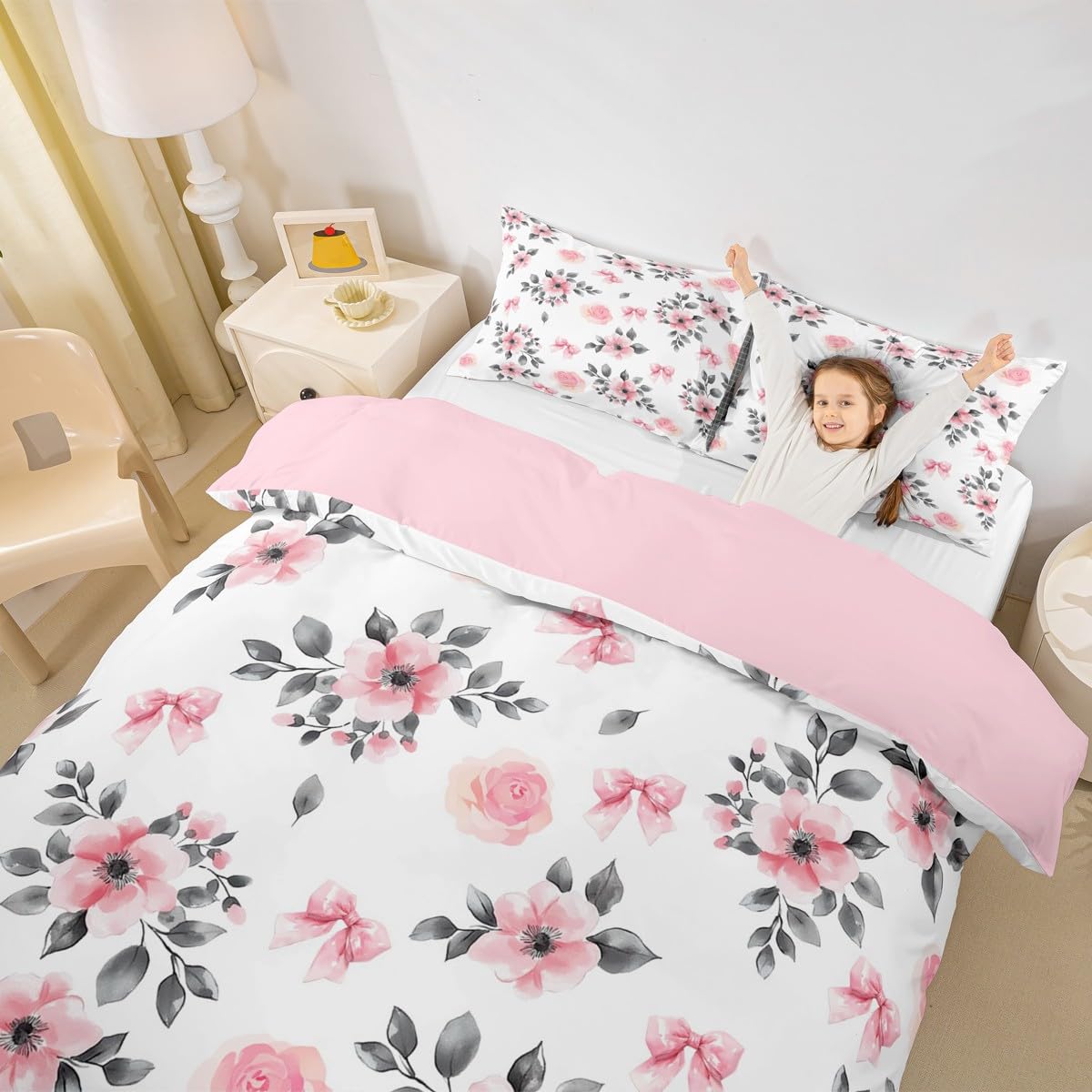 Homemissing Pink Flower Bowknot Duvet Cover Set Single Size For Kids Boys Girls Women Floral Botanical Bow Bedding Set Floral Print Duvet Cover with 1 Pillowcase - Image 4