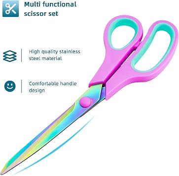 CCR Stainless Steel Scissors With Color Titanium Plating, Comfort Grip for Families, Offices and Schools - Set of 5