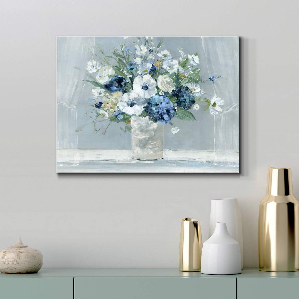 花瓶の白い花 アートパネル キャンバス画 Amazon｜Renditions Gallery 花瓶に入った白と青の花 ウォールアート