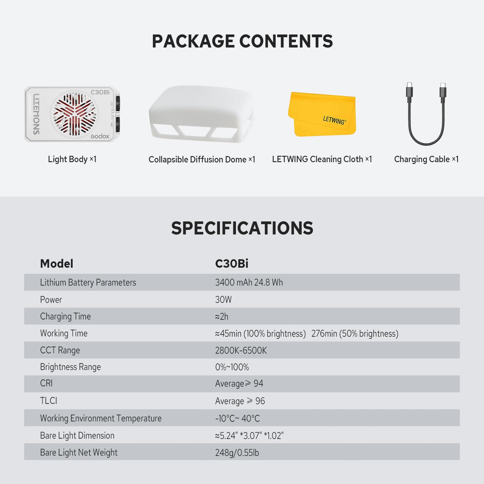 GODOX C30Bi Lampe Vidéo LED, CRI≥94 TLCI≥ 96, 2800K-6500K Éclairage Continu, 3400mAh Batterie au Lithium, Portable Éclairage LED pour Création de Contenu, Voyages et Photographie