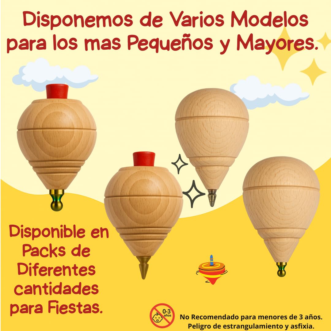 Peonza Madera para Niños Pack 30 Trompos + 30 Cuerdas | Packs de 2-4-6-8-12-16... Unidaes. | Hecho a Mano en España con Punta Redonda.