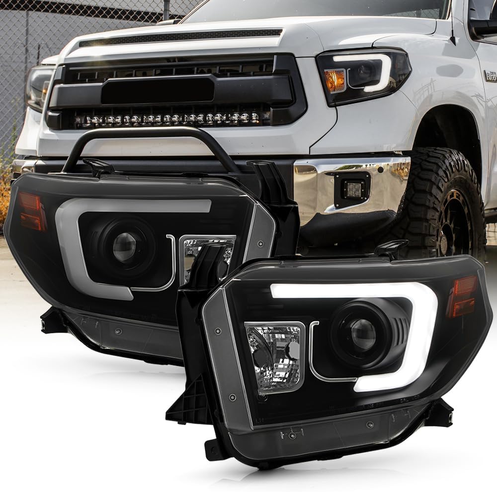ACANII - For 2014-2017 Toyota Tundra Pickup LED Tube Black Smoked Projector Headlights Headlamps Assembly Set Left+Right