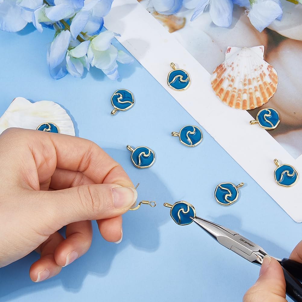 DICOSMETIC 10Pcs Sea Wave Charms Bulk Real 18K Gold Plated Ocean Wave Charms Brass Enamel Flat Round Pendants 18.5x14x4mm with 3x2mm Hole for DIY Jewelry Making, Sailor Blue