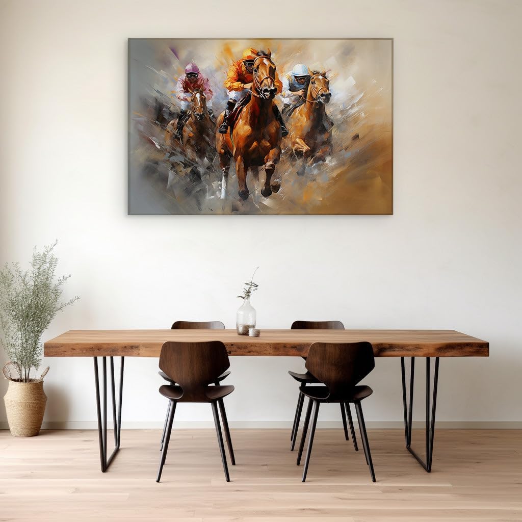 Canvas for Living room. Galloping Fury: A Vivid Blend of Speed and Artistry in Horse Racing Tableau, 27 x 18 inch Canvas Wall Art - Contemporary Masterpieces - Nature Home Decor