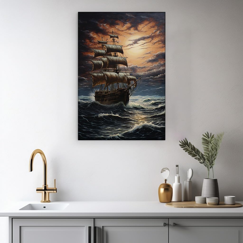Canvas for Living room. Sailing into Twilight: A Majestic Four-Masted Ship's Voyage Through the Storm, 27 x 18 inch Canvas Wall Art - Contemporary Masterpieces - Modern Home Decor
